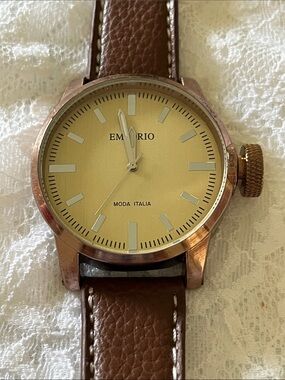 Emporio Moda Italia Men's Brown Leather Strap Watch with Gold Dial